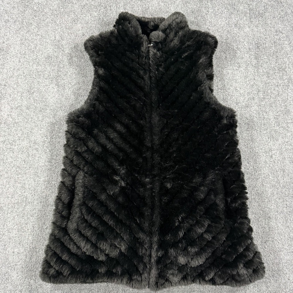 Ming Wang Vest Womens Large Black Faux Fur Soft Zip Old Money Career